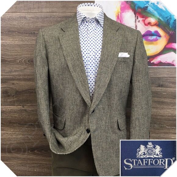 VINTAGE STAFFORD Mens Blazer Sport Coat Casual Jacket Size 46R Knit Wool Suit‎